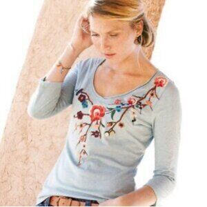Garnet Hill Top, Gray Floral Embroidered Top, Jersey Top 3/4 inch sleeves